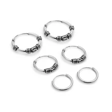 Sterling Silver 10mm 12mm & 14mm Polished & Bali Endless Hoop Earrings, Set of 3