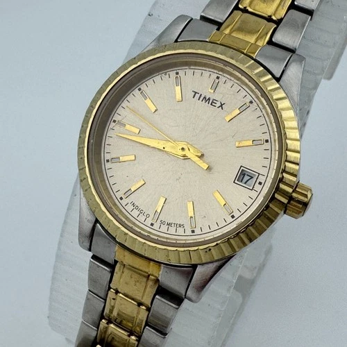 Vintage Timex Quartz Watch Women Dual Tone Fluted Bezel Date New Battery 6.25"