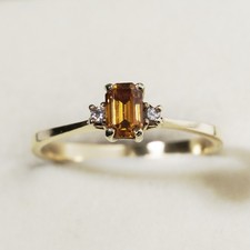 Vintage 9ct Gold Emerald Cut 0.3ct Orange Garnet Ring Diamond Accent N/6.75
