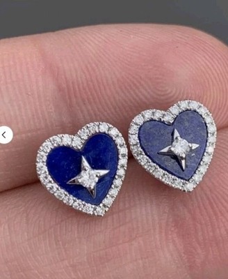 14 kt Gold Lapislazuli Ohrringe Cluster Ohrringe. Diamant Ohrstecker. Diamant Herz