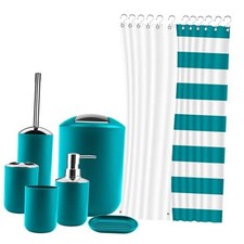 Bathroom Accessories Set, 9 Piece Plastic Gift Set, Shower Curtain Set Teal