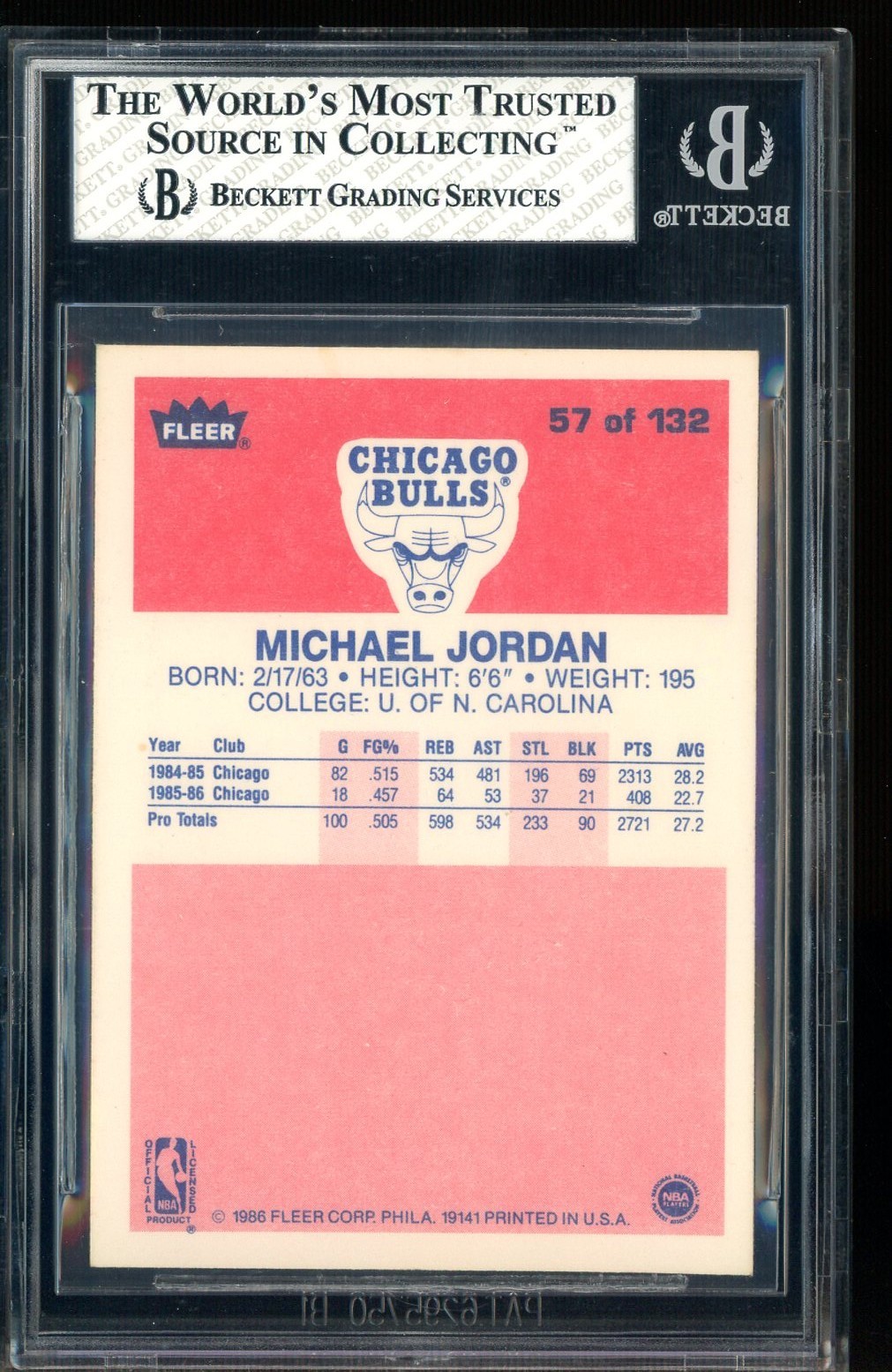 1986-87 Fleer Basketball #57 Michael Jordan RC Rookie HOF BGS 8 NICELY CENTERED view 2