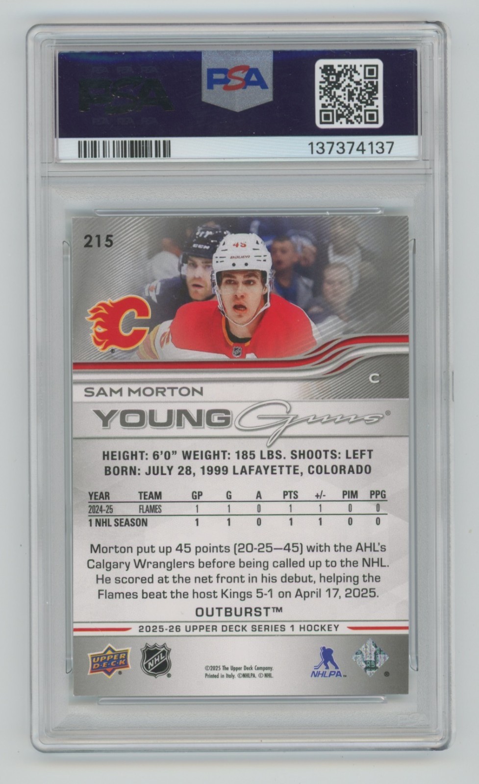 PSA 10 SAM MORTON 2025 UD Upper Deck #215 OUTBURST Young Guns RC SP Flames view 2
