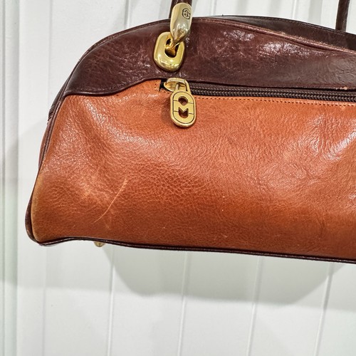 Bolso de Hombro Marino Vintage Dos Tonos Cuero Genuino Hecho en Italia Marrón Dorado - Imagen 10 de 13