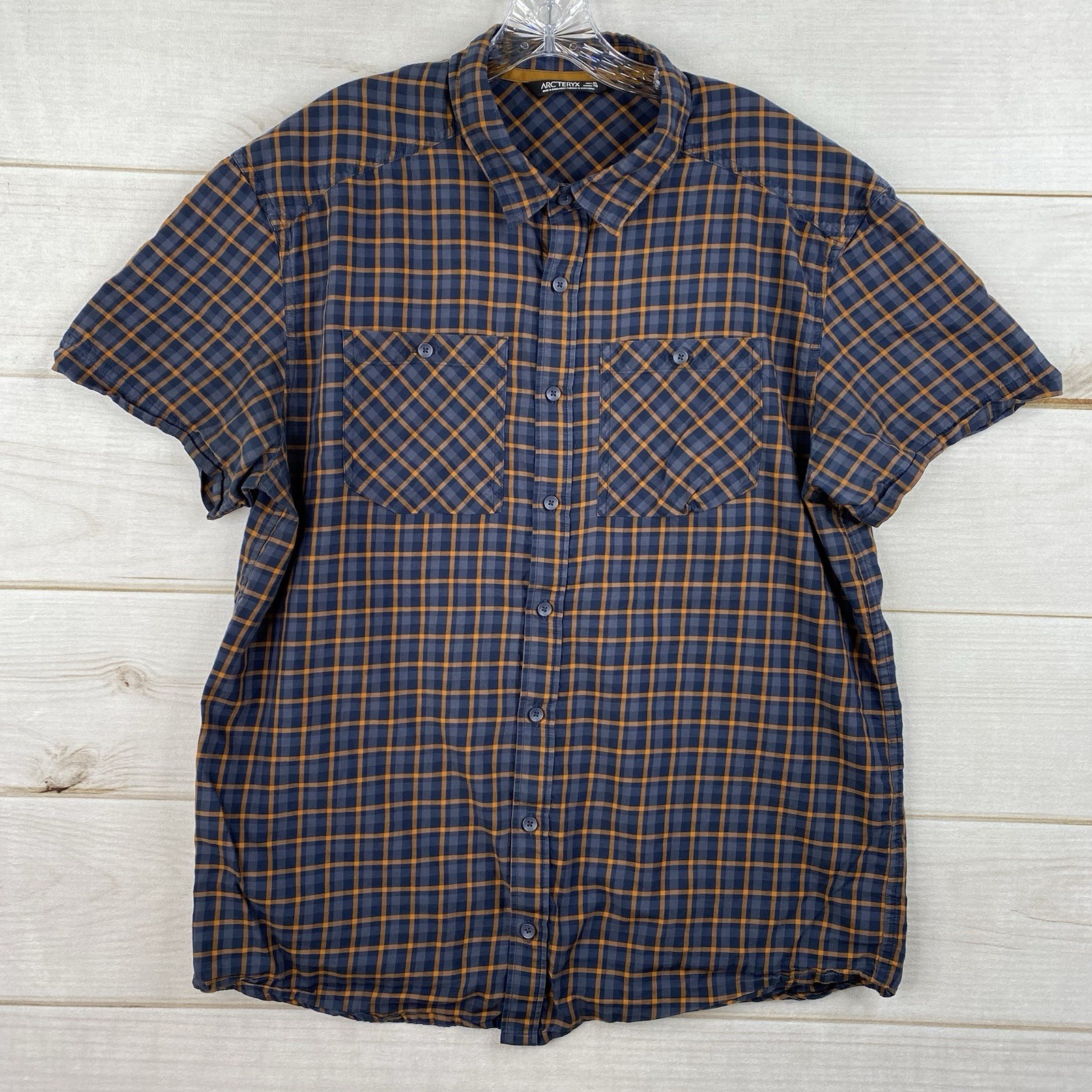Arc'teryx Camicia Uomo XL Blu Arancione Plaid Bottoni S S Pesca Escursionismo Outdoor