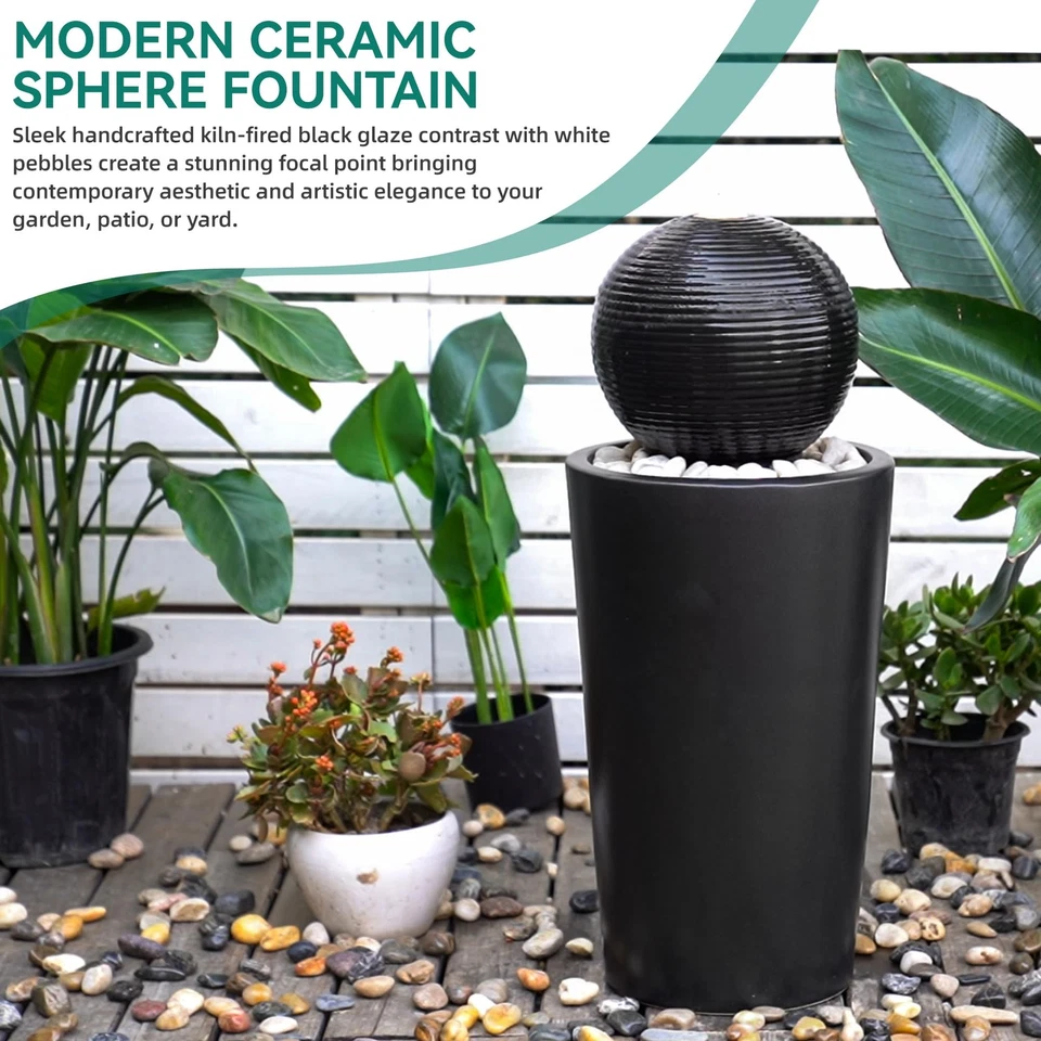 30" Ceramic Sphere Outdoor Fountain, Modern Pedestal Water Feature with LED L... - Image 4 of 4