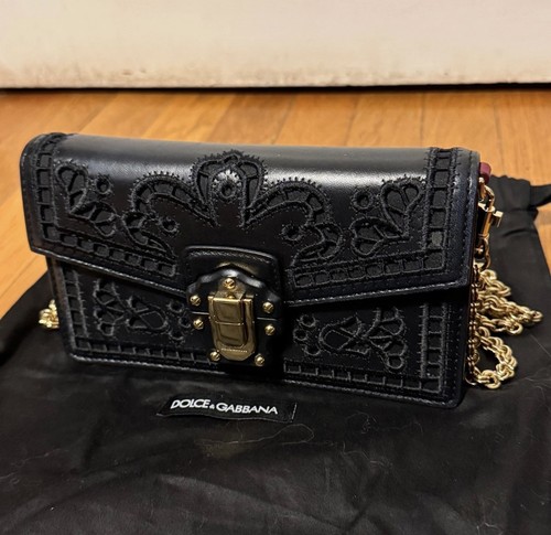 Dolce & Gabbana Lucia Mini Crossbody Clutch Black Embroidered Nappa Leather