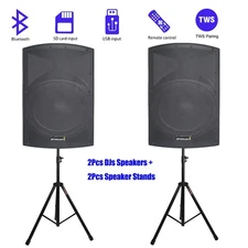 2Pcs 15" Active Powered PA Speakers + Pair Mount Holder Heavy Duty Tripod Stands
