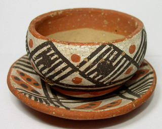 ISLETA PUEBLO POTTERY SMALL BOWL/PLATE W/ GEOMETRIC & LEAF LIKE DESIGN