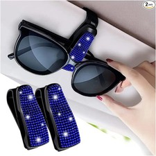 Set of 2 Bling Rhinestone Car Sun Visor Glasses Holders with Color: Jewel Blue