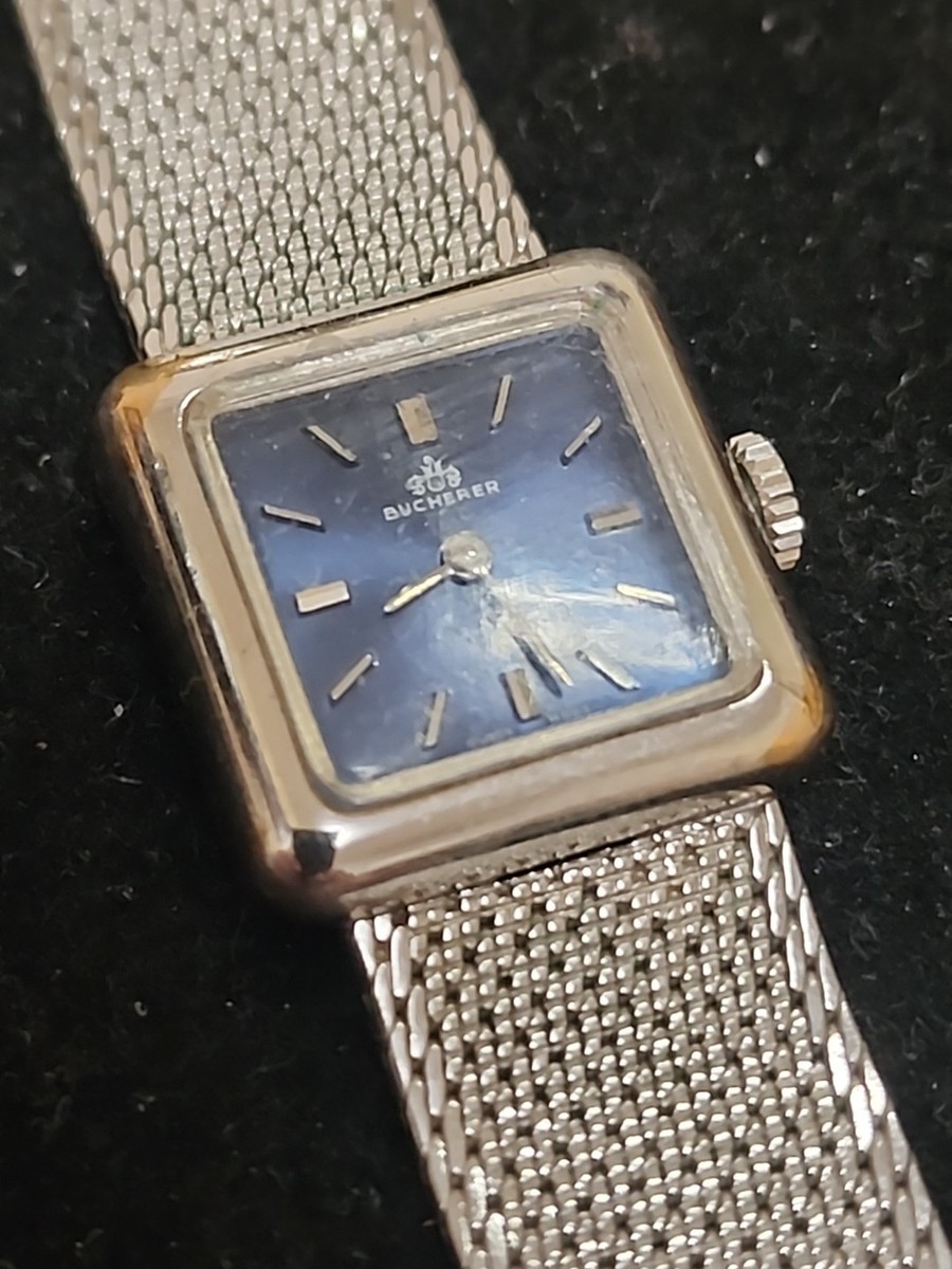 Vintage Bucherer Watch Silver Toke Case SS Back Mechanical Blue