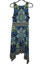 Wisp Sleeveless Pleated Asymmetric Hem Boho Green Blue Stretch Midi Dress 12 NWT