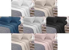 Completo Lenzuola Letto In 100% Raso Cotone Rigato 5mm In Tinta Unita