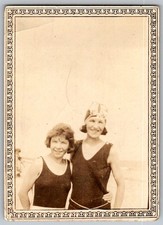 Vtg B W Snapshot Two Women In Vintage Swimwear Bathing Suits Smiling 1930s