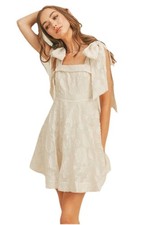 MABLE Ivory Jacquard Floral Bow Strap Mini Dress Square Neck Women Size M