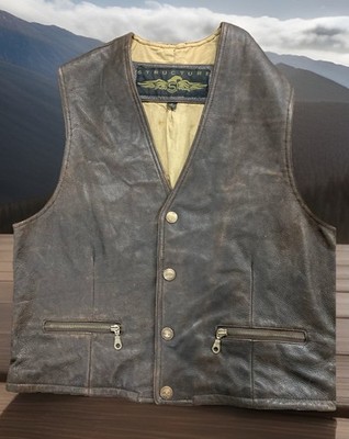 Structure Leather Vest Mens Med Distressed Biker Western Zip Pockets Vintage