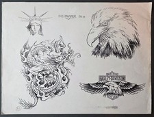VINTAGE Traditional 1986 Dennis D.E Dwyer Tattoo Flash Sheet Shop Used Eagle