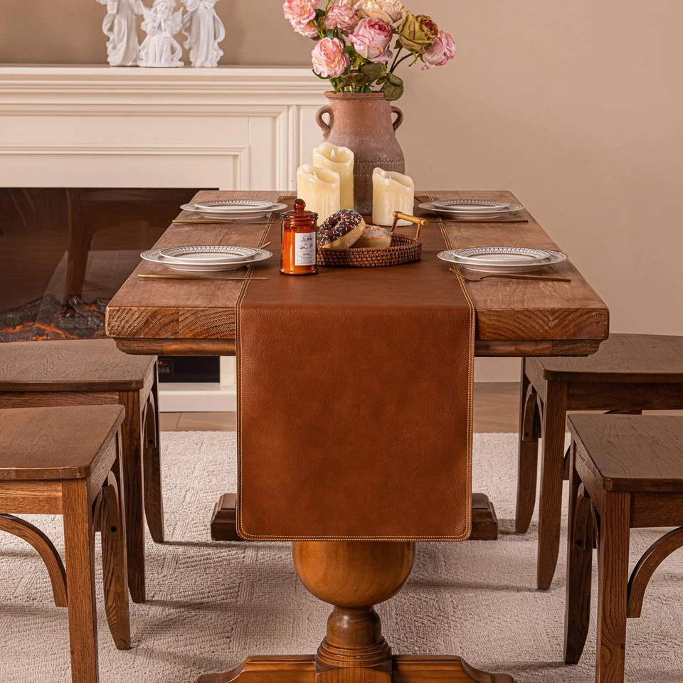 PU Leather Table Runner 71×13 Inches Long,Brown Vintage Waterproof Coffee/Tea... - Image 3 of 4