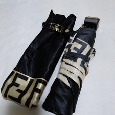 FENDI Umbrella Folding Three Fold Black Gold Zucca Pattern Luxury Authentic