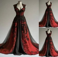 Black Red Gothic Wedding Backless Lace A-line V Neck Lace Appliqued Bridal Gowns