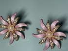Vintage Pink Enamel Flower Rhinestone Faux Pearl Stud Earrings Gold Tone — photo 5