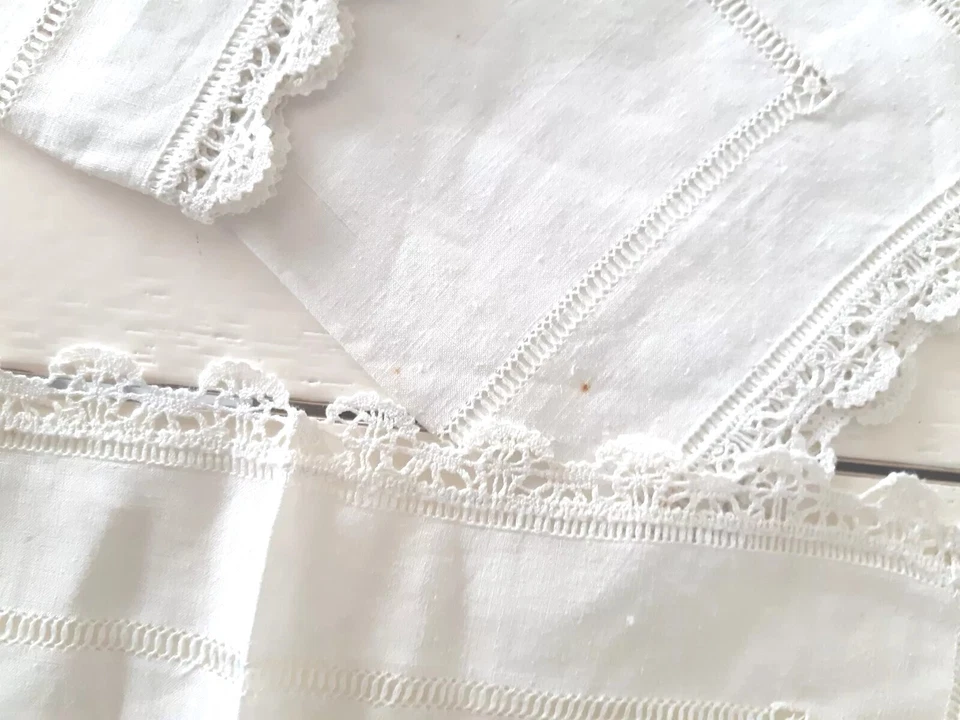 4 SERVIETTES à Thé Anciennes Brodées Ajourées avec Dentelle TBE - Photo 3/4