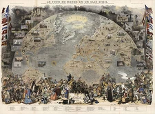 1876 Map Pictorial View of the World Poster Le Tour du Monde en un Clin d'Oeil