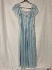 Vintage MOVIE STAR Nightgown Light Blue Laces Long Gown Satiny Floral Size S