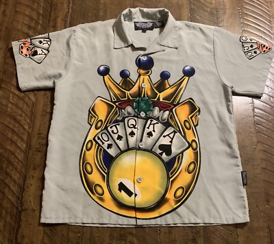 Vintage Silver Point Button Up Short Sleeve Small Crown Dice Spades Royal Flush