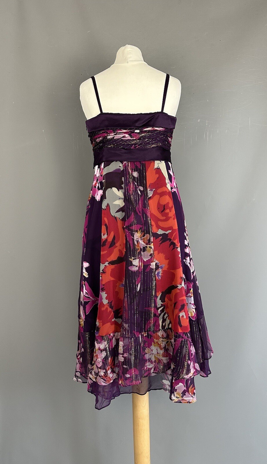 MONSOON Purple Red Floral Hanky Hem Silk Occasion Midi Strapless