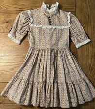 Vintage Girls Dress Size 7 Puff Sleeve Prairie Swing Country Ruffle Brown