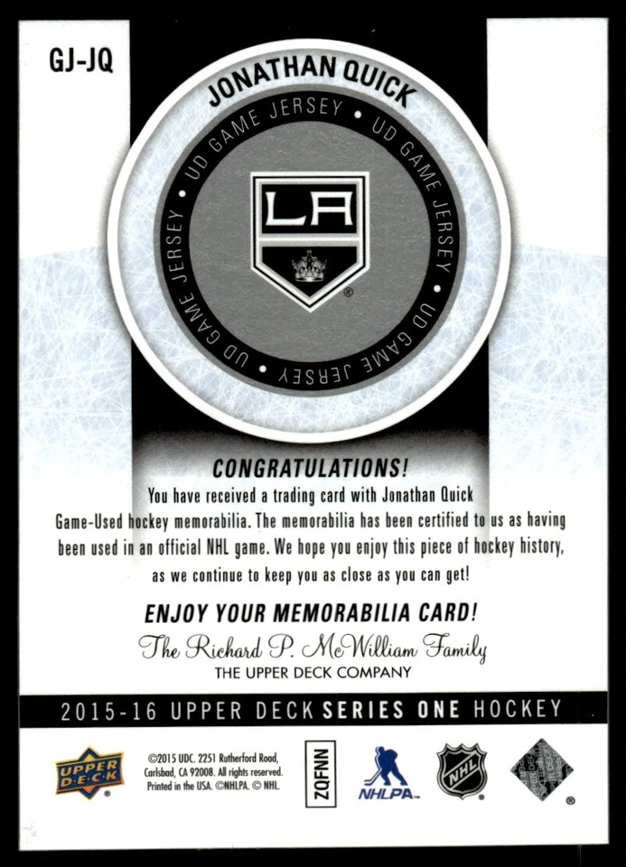 2015-16 Upper Deck Game Jerseys Series Jonathan Quick Los Angeles Kings #GJ-JQ - Image 2 of 2