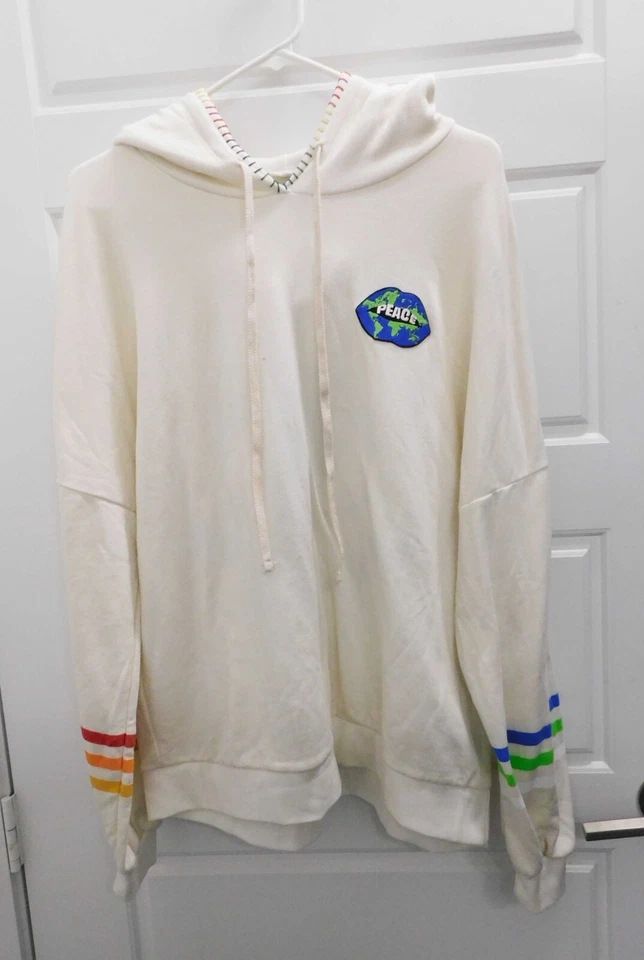 Sudadera con Capucha Lauren Moshi Lila World Eye Love Blanco Leche Tejido Suave $198rt Talla L Foto 2 de 4