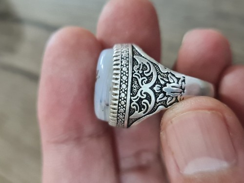 VINTAGE AGATE STONE RING STERLING SILVER JEWELRY HANDMADE خاتم عقيق مشجر - Picture 10 of 23