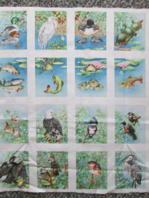 REALISTIC BIRDS FISH BIRD NATURE 32 BLOCK COTTON FABRIC PANEL 