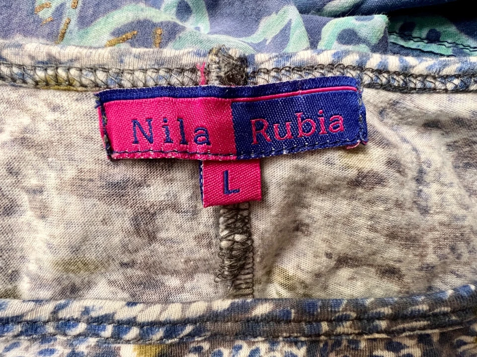 NILA RUBlA Dress Large Blue Roshan Bubble Cotton Jersey Block Print Round Neck - Image 2 of 4