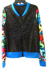 SEQUIN ZIP UP JACKET CURTAIN CALL COSTUMES SMALL BLK HIP HOP DANCE RECITAL EUC