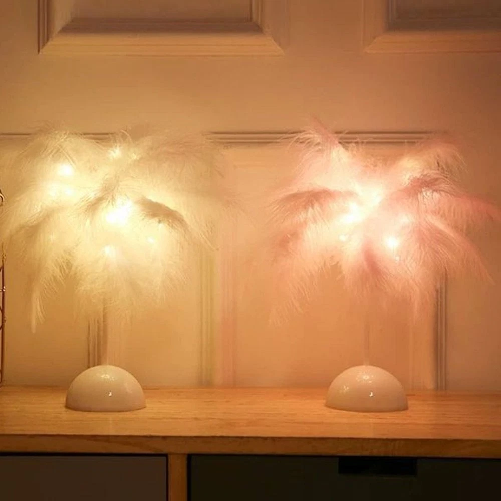 Romantic Feather Table Lamp Warm Light Fairy Light Led Feather Lampshade