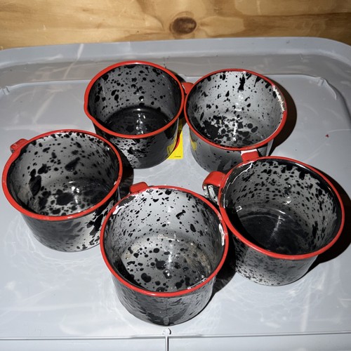 Set Of 6 Enamelware Speckled Black & White Red Trim Coffee Cups