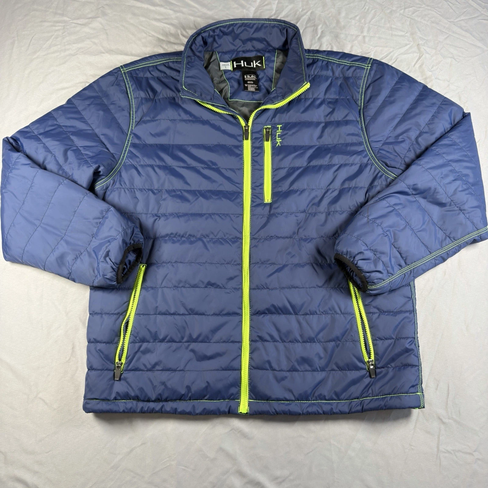 Huk Fishing Jacket Mens Large Quilted Zip Up Pockets Lightweight Blue Green