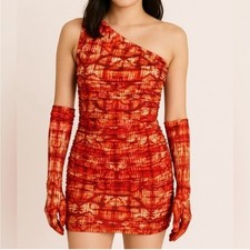 MISCREANTS One-Shoulder Ruched Mini Bodycon Dress Orange Tie-Dye UK 8 / US 4