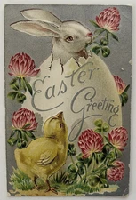 Easter Greeting Postcard Bunny Chick Red Clover Flowers Embossed Vintage