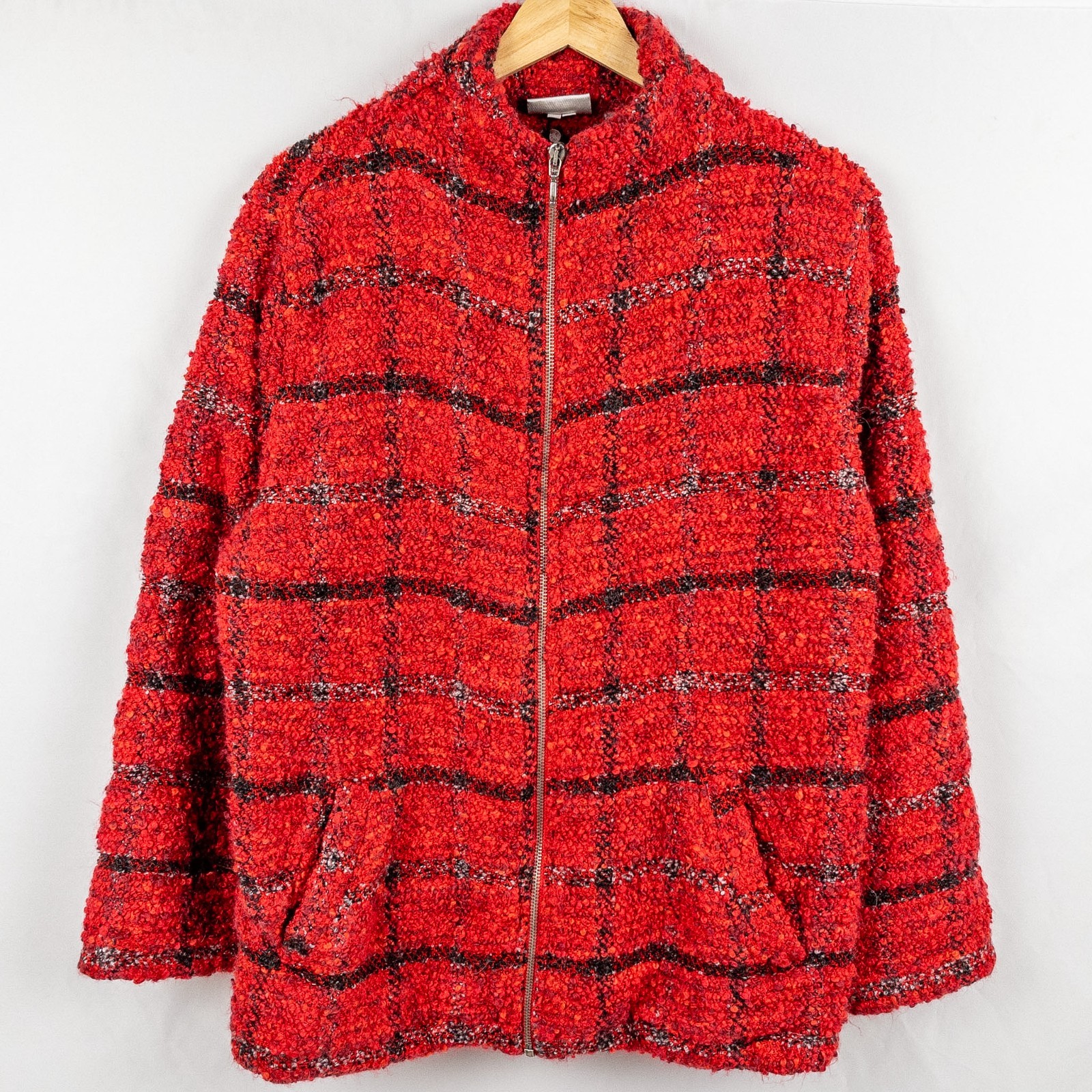 Chico’s Design Women's Red Plaid Boucle Zip Jacket Size 2 Wool Blend Eclectic