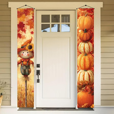 Thankgiving Pumpkin Stack Porch Banner Vertical Door Pair 12X71 Inch Scarecrow F