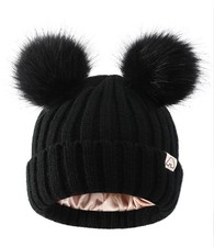 Toddler Beanie Satin Lined Winter Hat Pom Pom Knit Cap Baby Boys Girls Warm