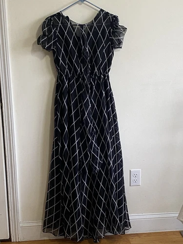 Abito vintage seta cravatta collo M bianco e nero seta corto scialle lungo Fairycore Valentino