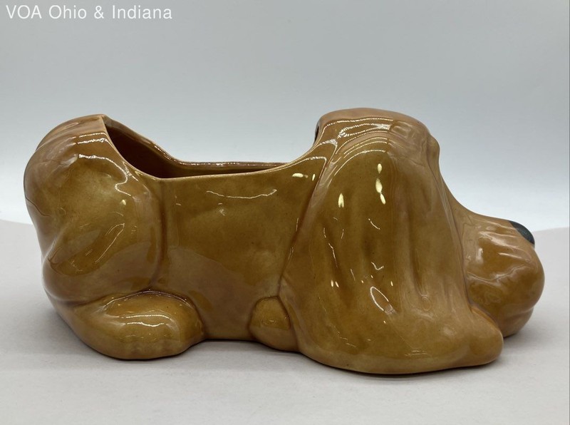 Vintage Ceramic Basset Hound Dog Planter Brown Glaze Mid Century Modern