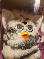 1998 Furby White Black Striped Rare Vintage Tiger Brand Blue Eyes Box Zebra 