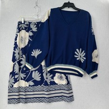 VTG Sweater  100 Silk Skirt Set Artistic Floral Modest Abstract Blue SZ 12