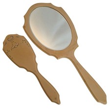 Vintage Celluloid Hand Mirror and Brush Set Hand Painted Floral